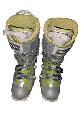 4/10/2. Scarpa Gray & Lime Green Ski Boots